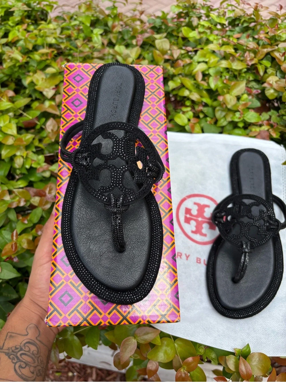 Tory Burch Black Logo Thong Sandals with Medallion